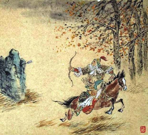 “林暗草驚風(fēng)，將軍夜引弓。”畫作